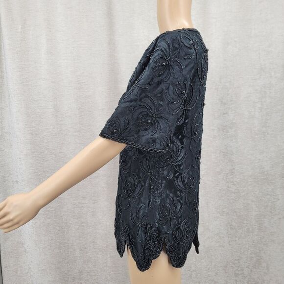 Laurence Kazar Vintage Mesh Lace Black Beaded Blouse 80s Scalloped Hem - Picture 5 of 9